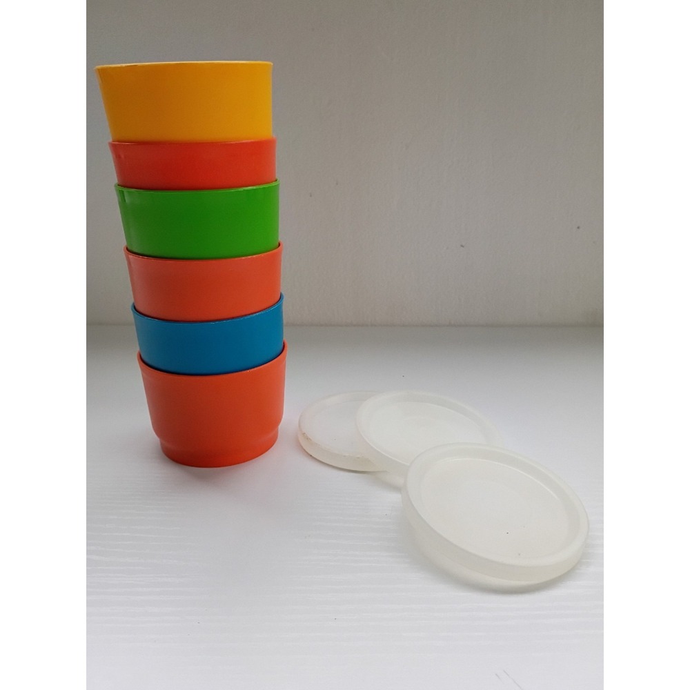 (6) Vintage Tupperware 4oz Retro Snack Cups Containers w/ 3 Lids #1229